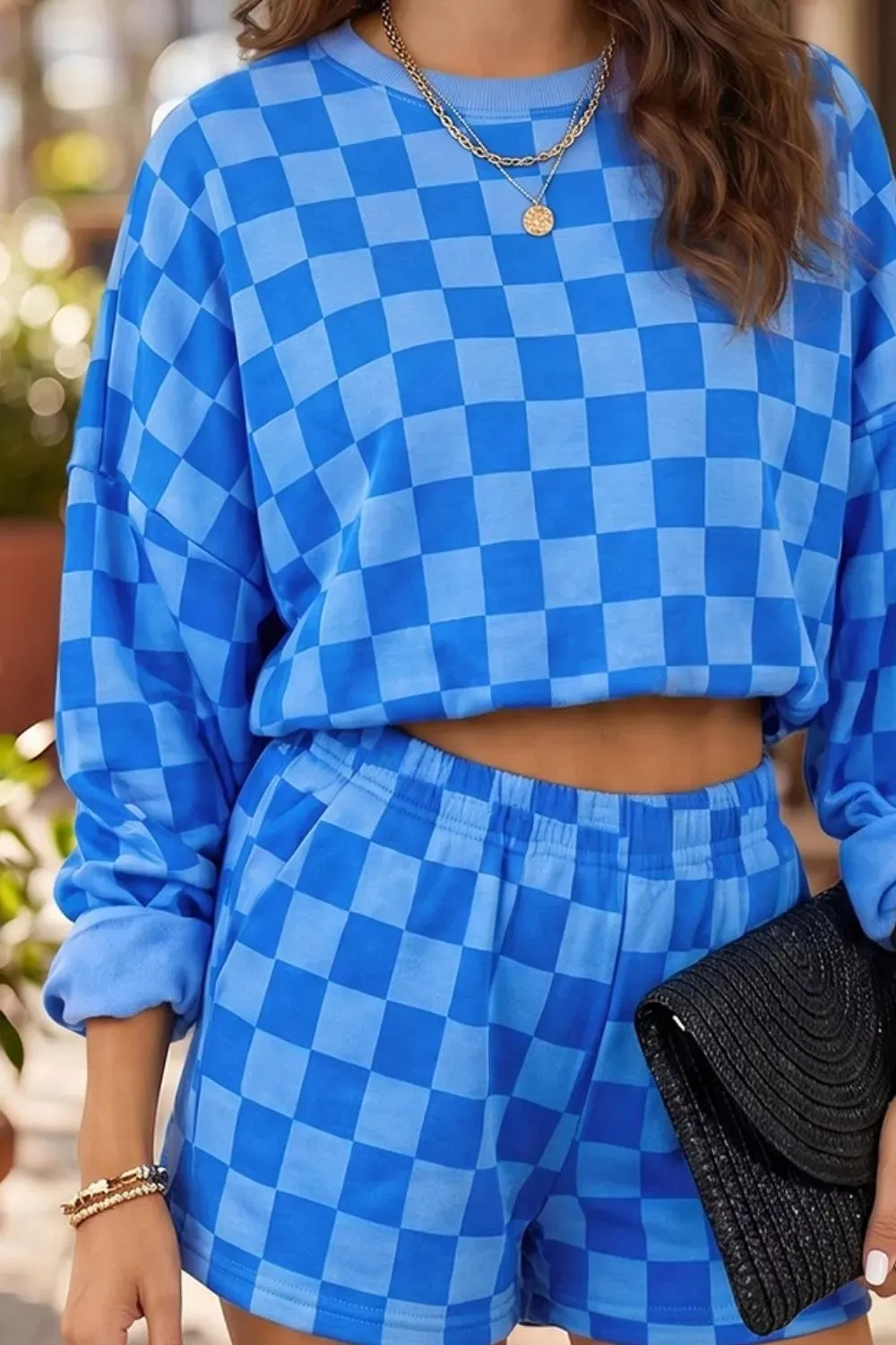 Plaid Checkered Long Sleeve Crop Top Elastic Waist Shorts Two Piece Set sold by Charming Charlie product image thumbnail 3