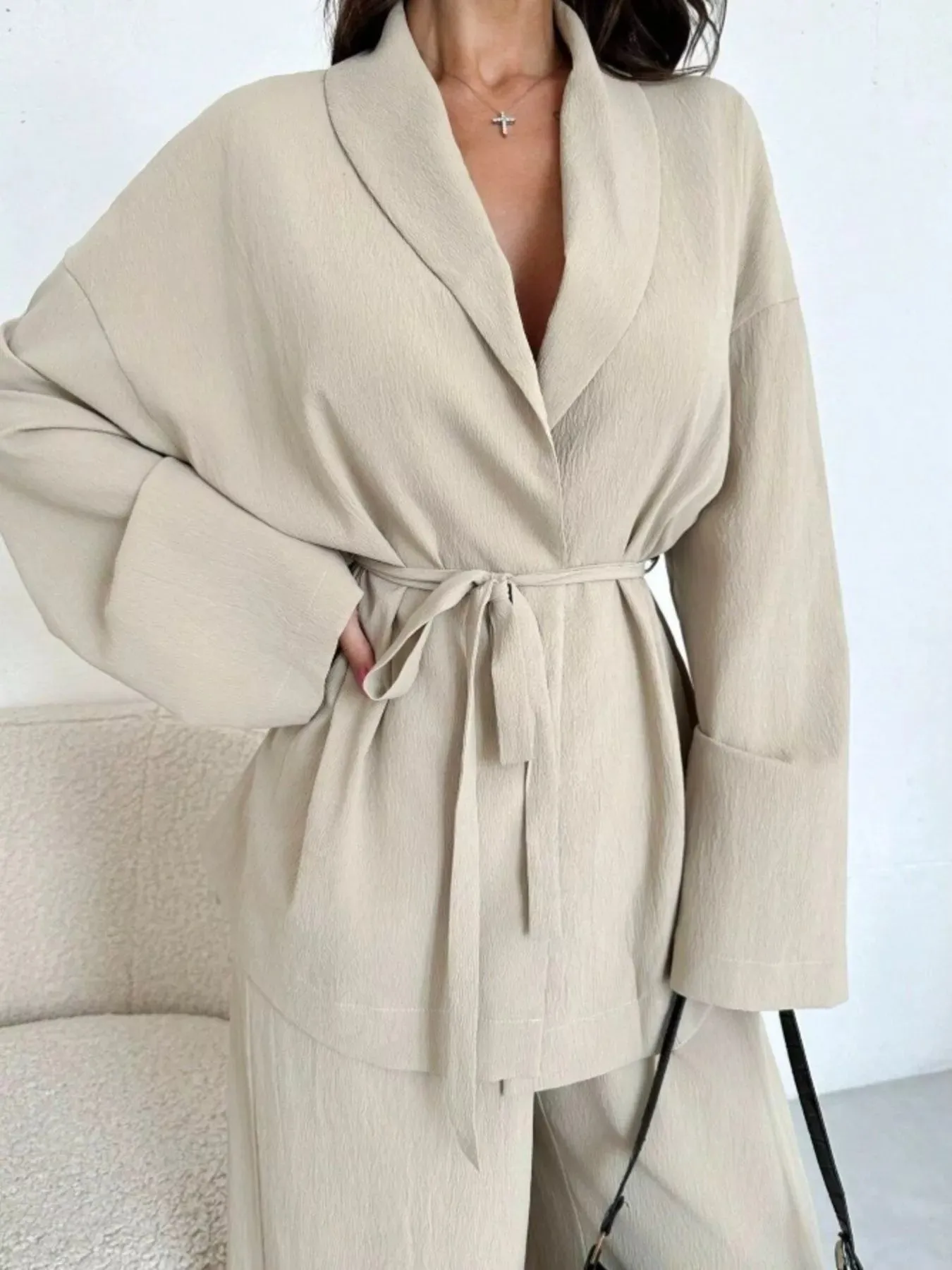 Textured Tie Waist Top and Wide-Leg Pants Set sold by Charming Charlie product image thumbnail 2