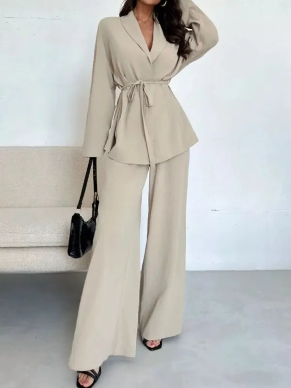Textured Tie Waist Top and Wide-Leg Pants Set made by Trendsi