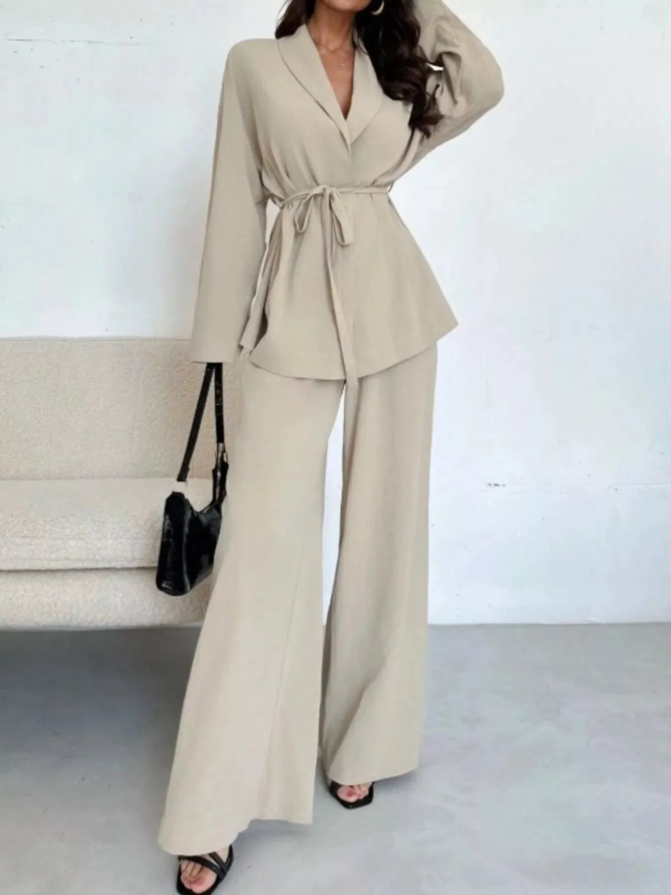 Textured Tie Waist Top and Wide-Leg Pants Set sold by Charming Charlie