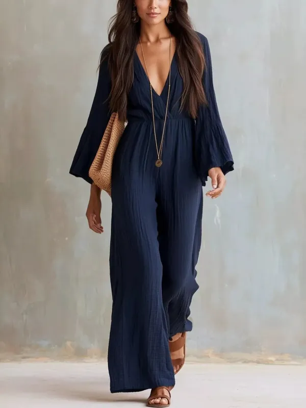 Textured Flare Sleeve Jumpsuit made by Trendsi