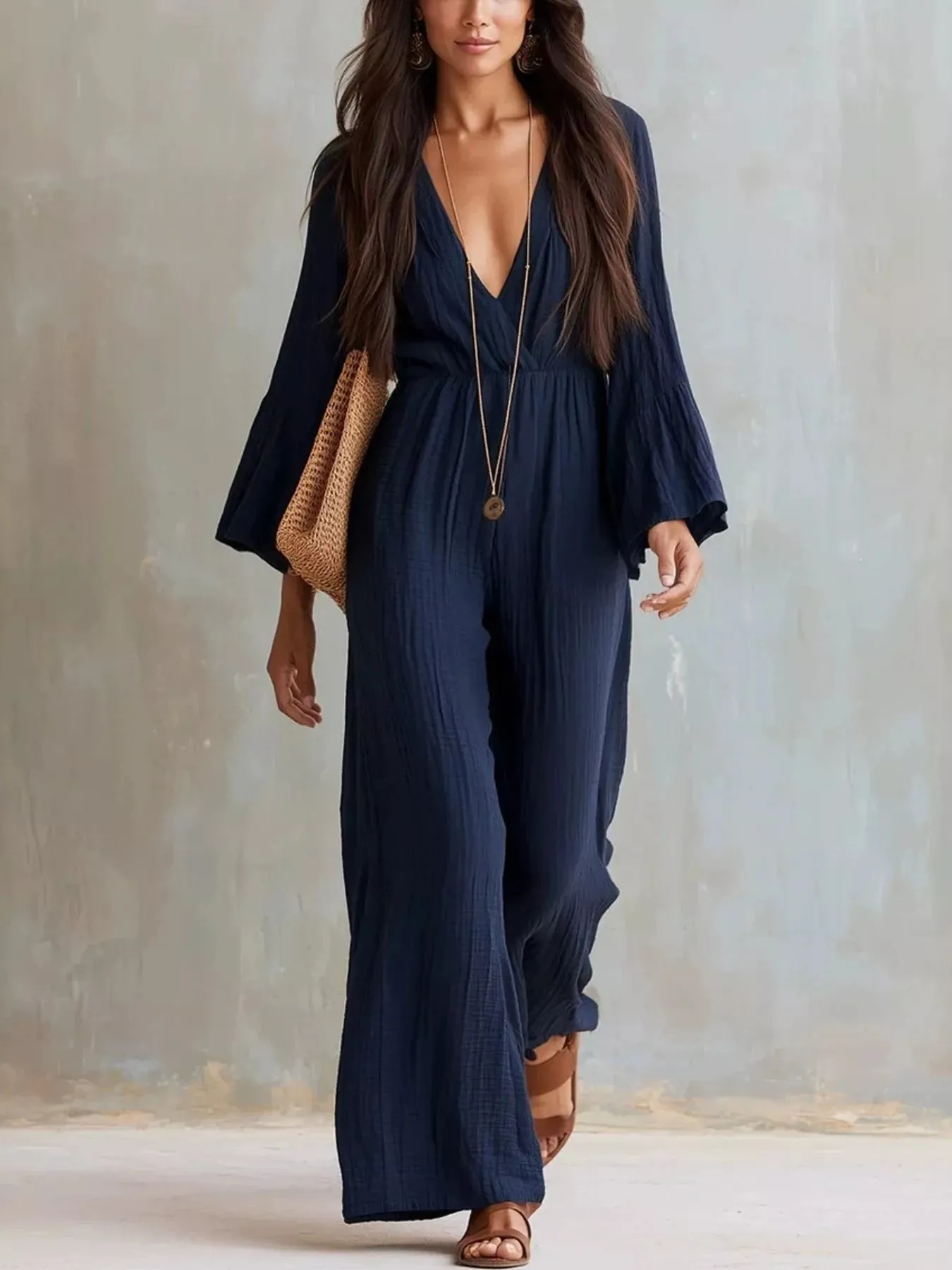 Textured Flare Sleeve Jumpsuit sold by Charming Charlie