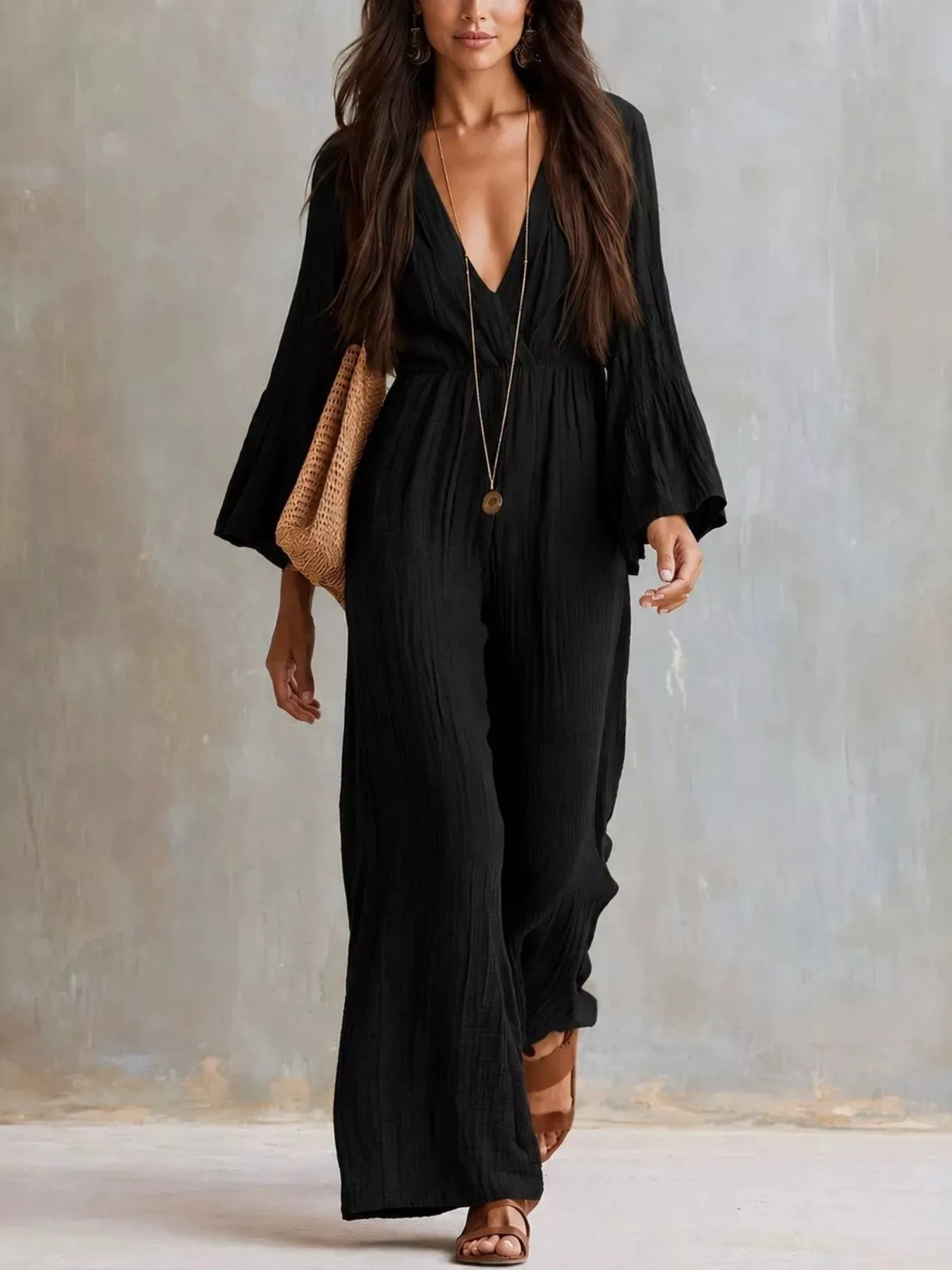 Textured Flare Sleeve Jumpsuit sold by Charming Charlie product image thumbnail 5