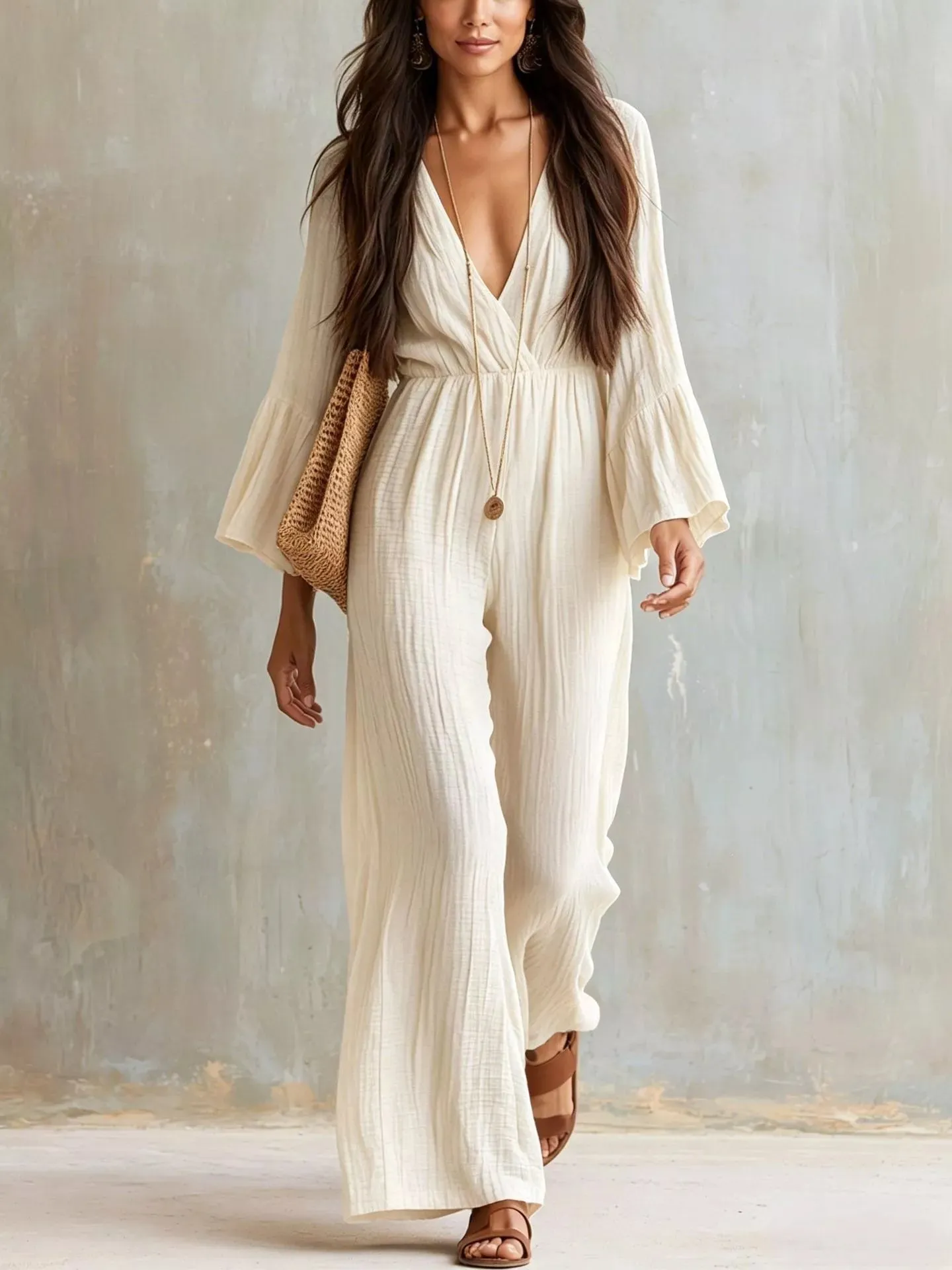 Textured Flare Sleeve Jumpsuit sold by Charming Charlie product image thumbnail 3