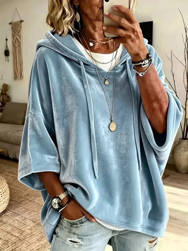 Velvet Loose Fit Hoodie with Drawstring made by Trendsi