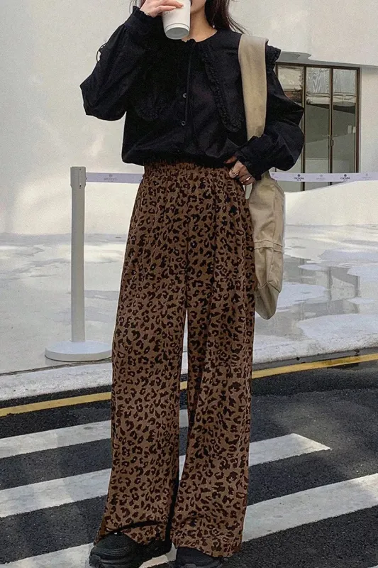Leopard Print Elastic High Waist Loose Corduroy Pants made by Trendsi