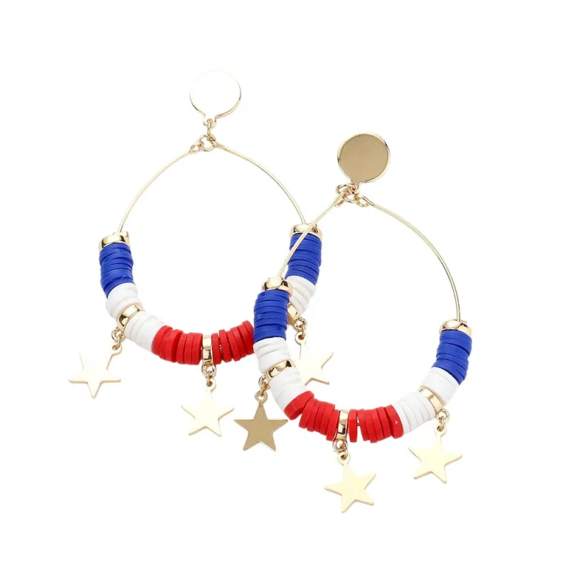 Star Accented Heishi Open Metal Teardrop Dangle Earrings made by Charming Charlie