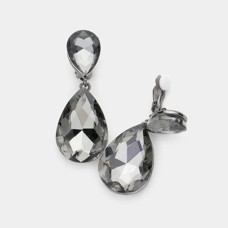 Women's Glass Crystal Double Teardrop Clip on Evening Dangle Earrings made by Charming Charlie