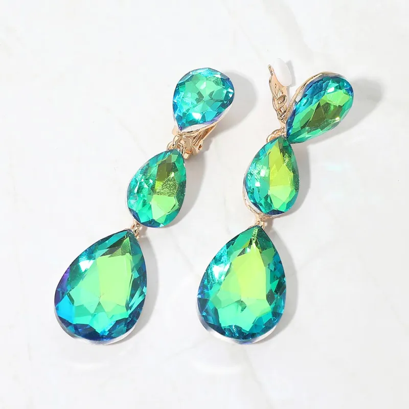 Women's Teardrop Glass Crystal Drop Evening Clip On Dangle Earrings made by Charming Charlie