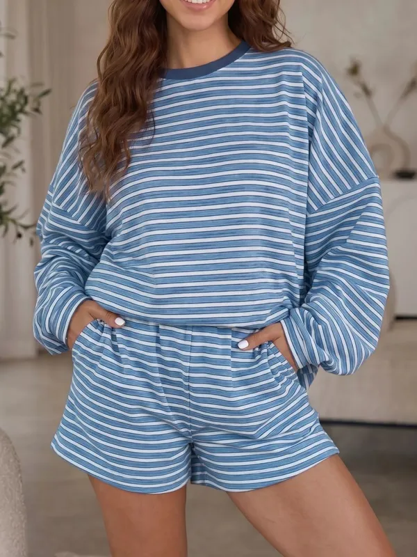 Striped Long Sleeve Top and Shorts Set made by Trendsi