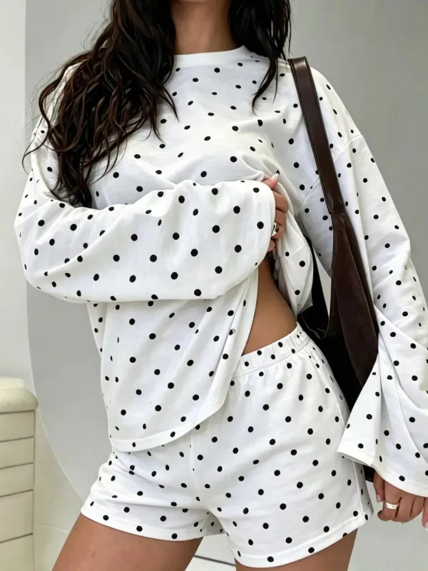 Polka Dot Long Sleeve Top and Shorts Set made by Trendsi