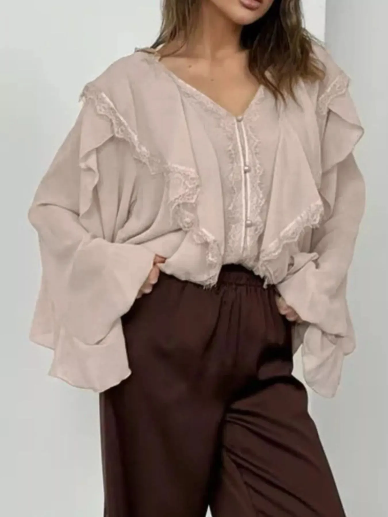 V-Neck Ruffled Lace Trim Blouse sold by Charming Charlie product image thumbnail 4