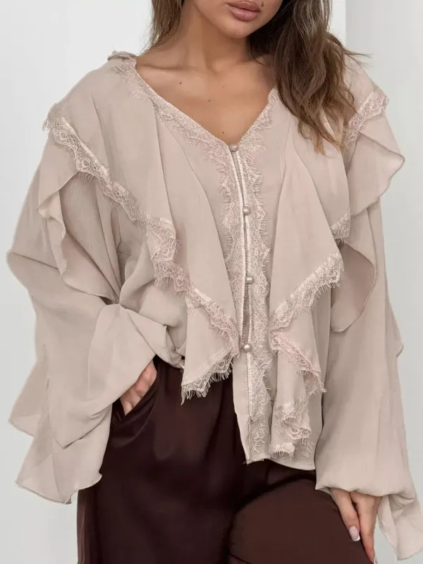 V-Neck Ruffled Lace Trim Blouse made by Trendsi