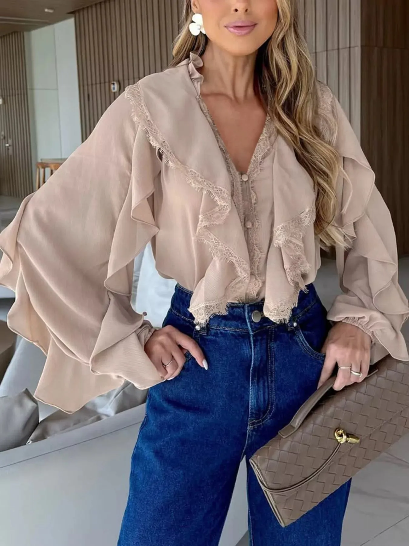 V-Neck Ruffled Lace Trim Blouse sold by Charming Charlie product image thumbnail 5