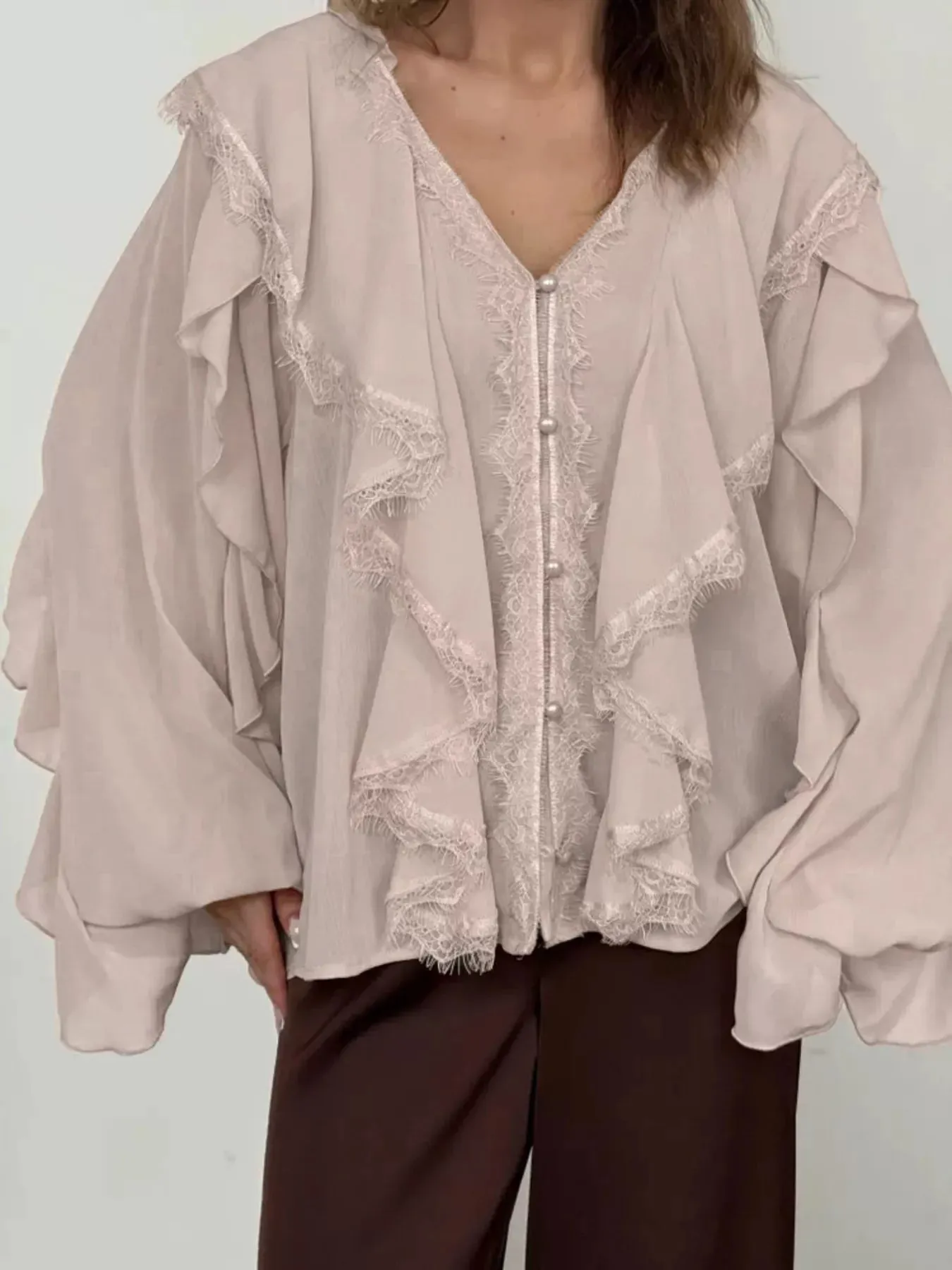 V-Neck Ruffled Lace Trim Blouse sold by Charming Charlie product image thumbnail 2