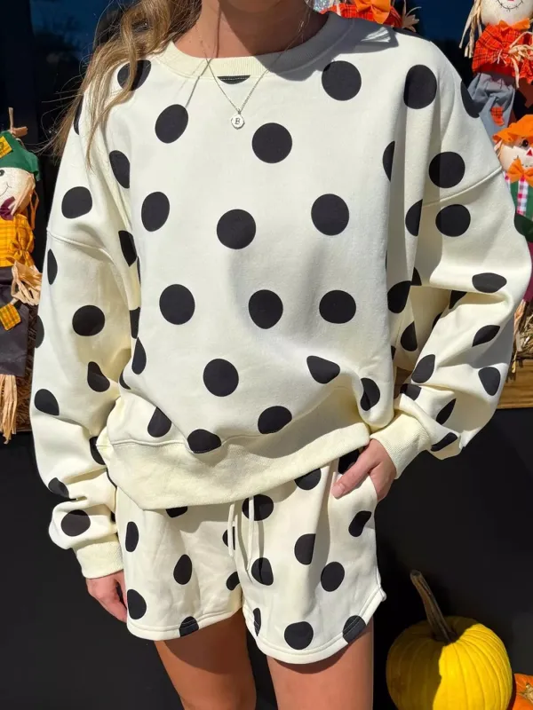 Polka Dot Crewneck Sweatshirt and Shorts Set made by Trendsi