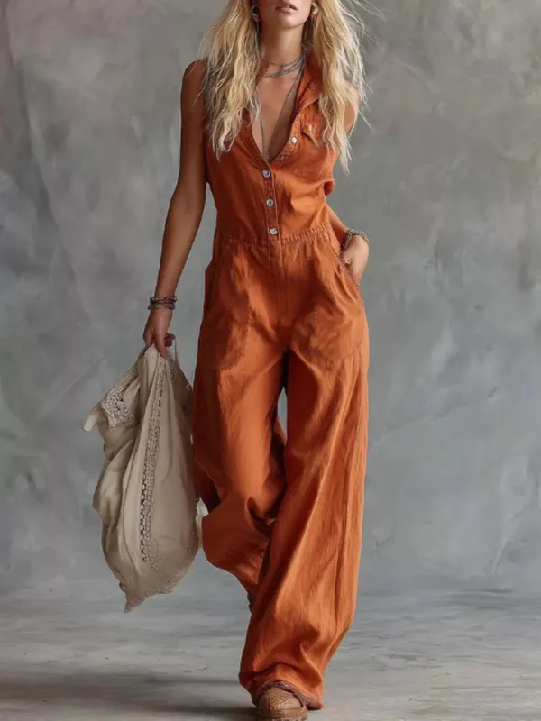 Western Sleeveless Wide-Leg Button-Down Jumpsuit made by Trendsi