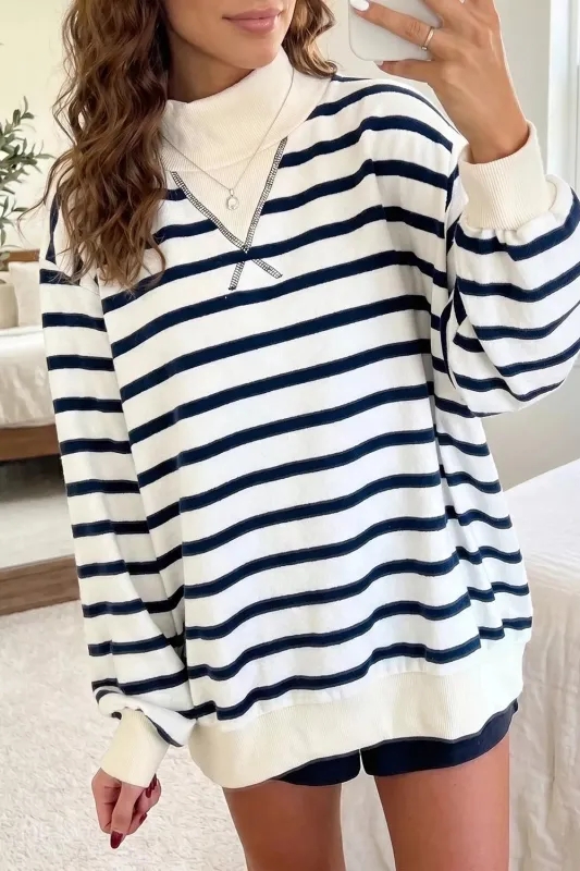 Striped Stand Neck Long Sleeve Ribbed Cuff Hem Sweatshirt made by Trendsi
