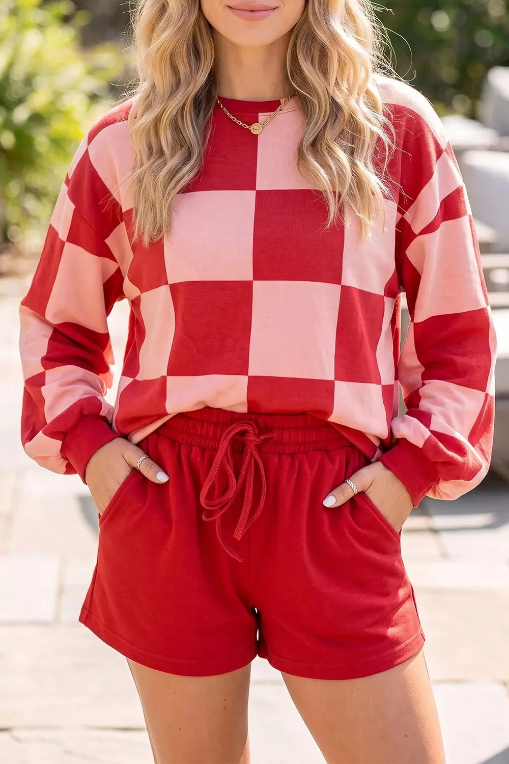Checkerboard Top and Drawstring Shorts Cozy Set sold by Charming Charlie product image thumbnail 2