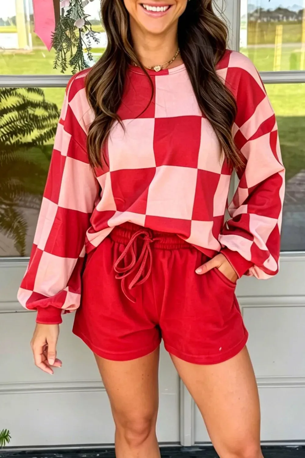 Checkerboard Top and Drawstring Shorts Cozy Set sold by Charming Charlie