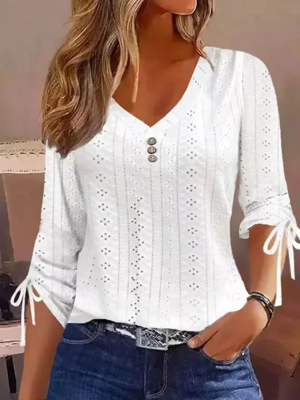 Full Size V-Neck Eyelet Drawstring Sleeve Top Plus Size made by Trendsi