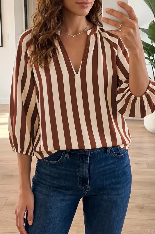 Striped Notched Half Sleeve Casual Blouse made by Trendsi