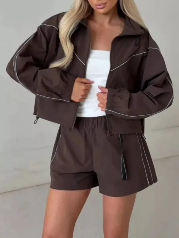 Drawstring Zip-Up Jacket and Shorts Set made by Trendsi