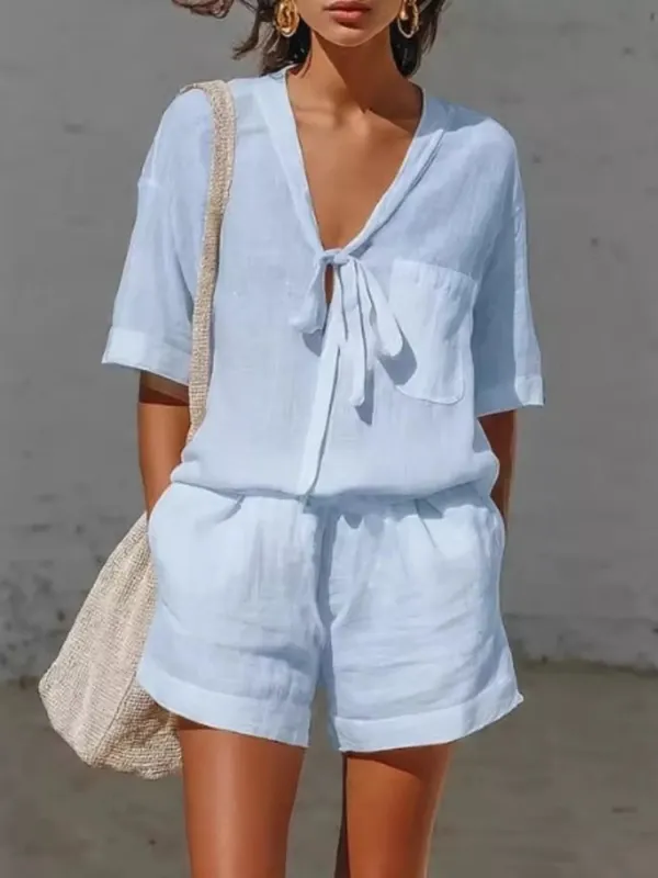 Tie-Front Half Sleeve Shirt and Shorts Set made by Trendsi
