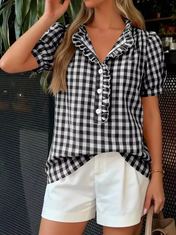 Gingham Button Front Puff Sleeve Blouse made by Trendsi