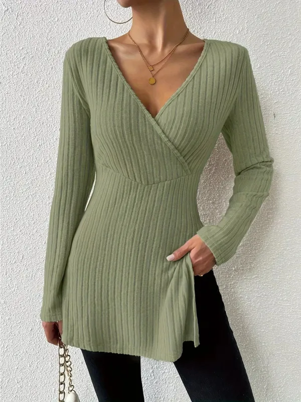 Ribbed Knit Long Sleeve Wrap T-Shirt with Side Slit made by Trendsi