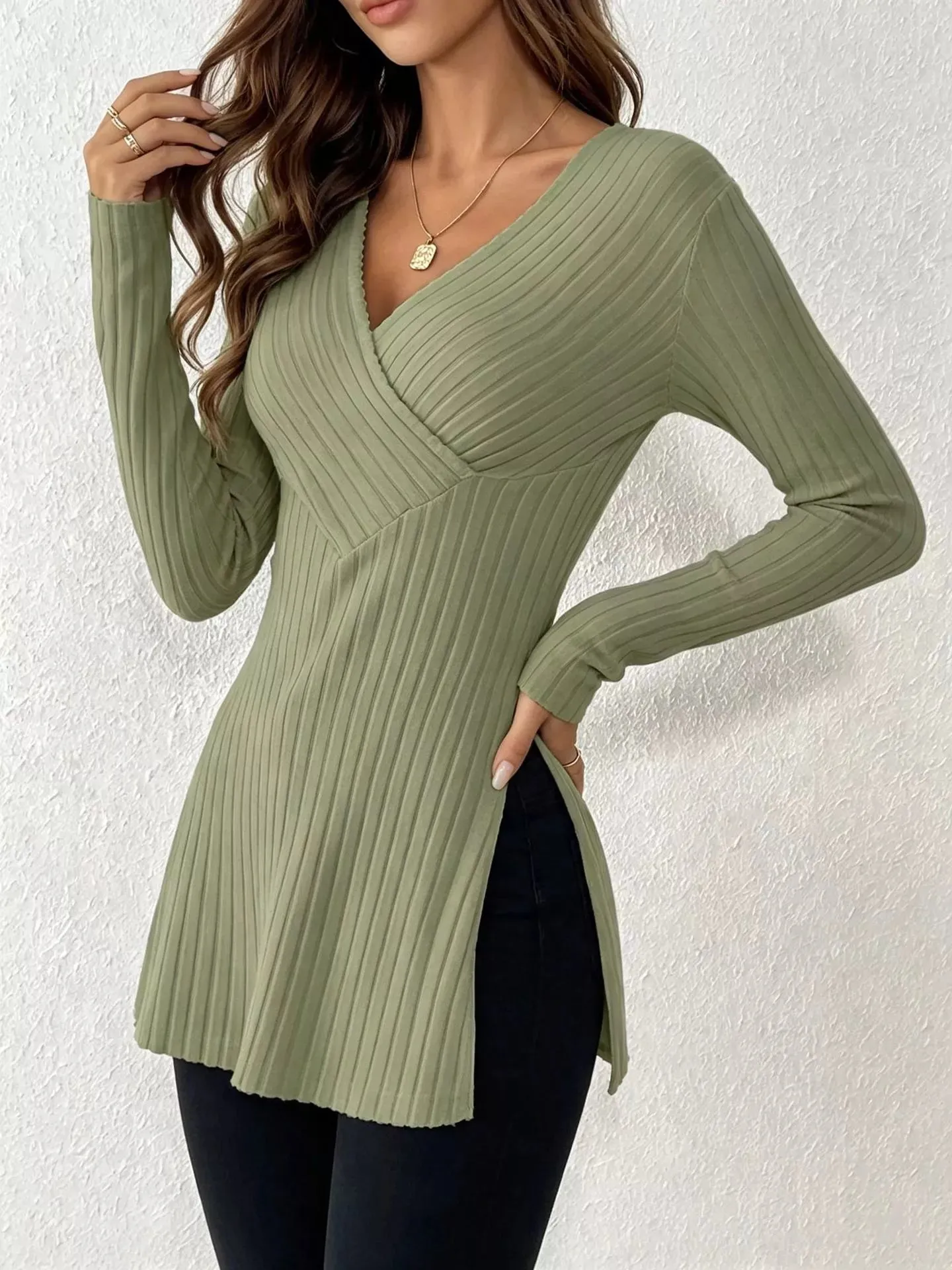 Ribbed Knit Long Sleeve Wrap T-Shirt with Side Slit sold by Charming Charlie product image thumbnail 2