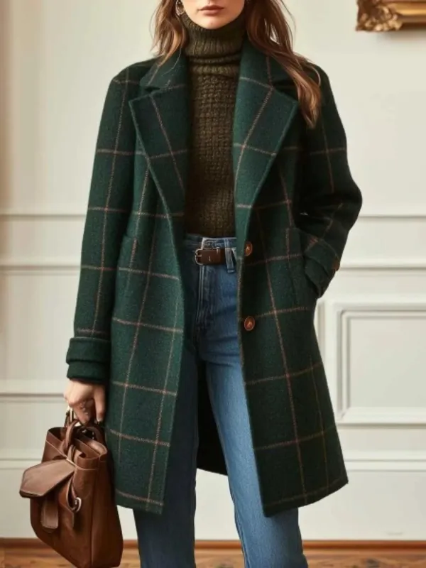 Full Size Plaid Lapel Collar Longline Single-Breasted Overcoat Plus Size made by Trendsi