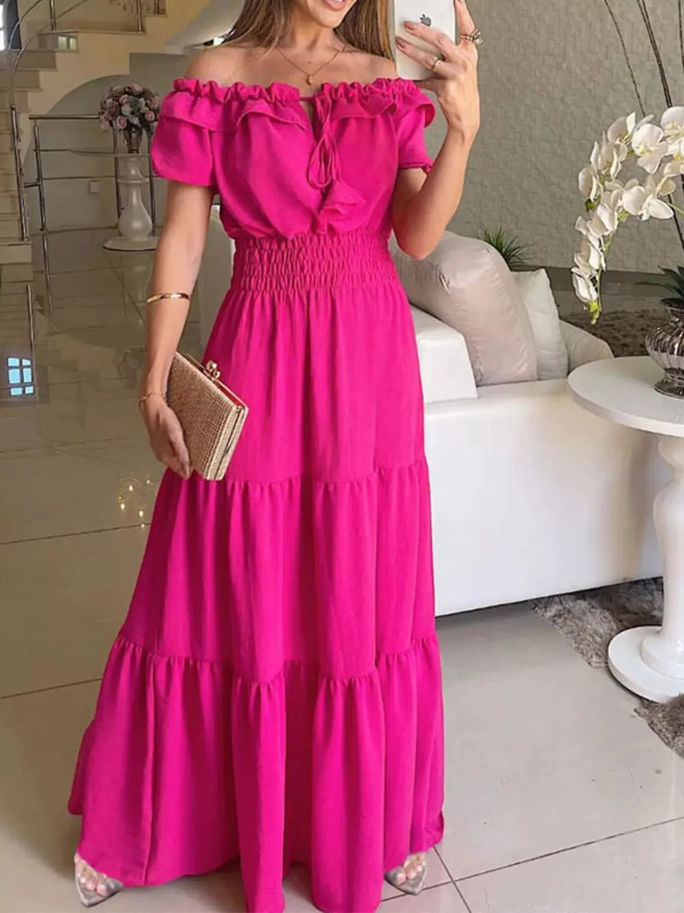 Off-Shoulder Ruffled Tiered Maxi Dress sold by Charming Charlie product image thumbnail 5