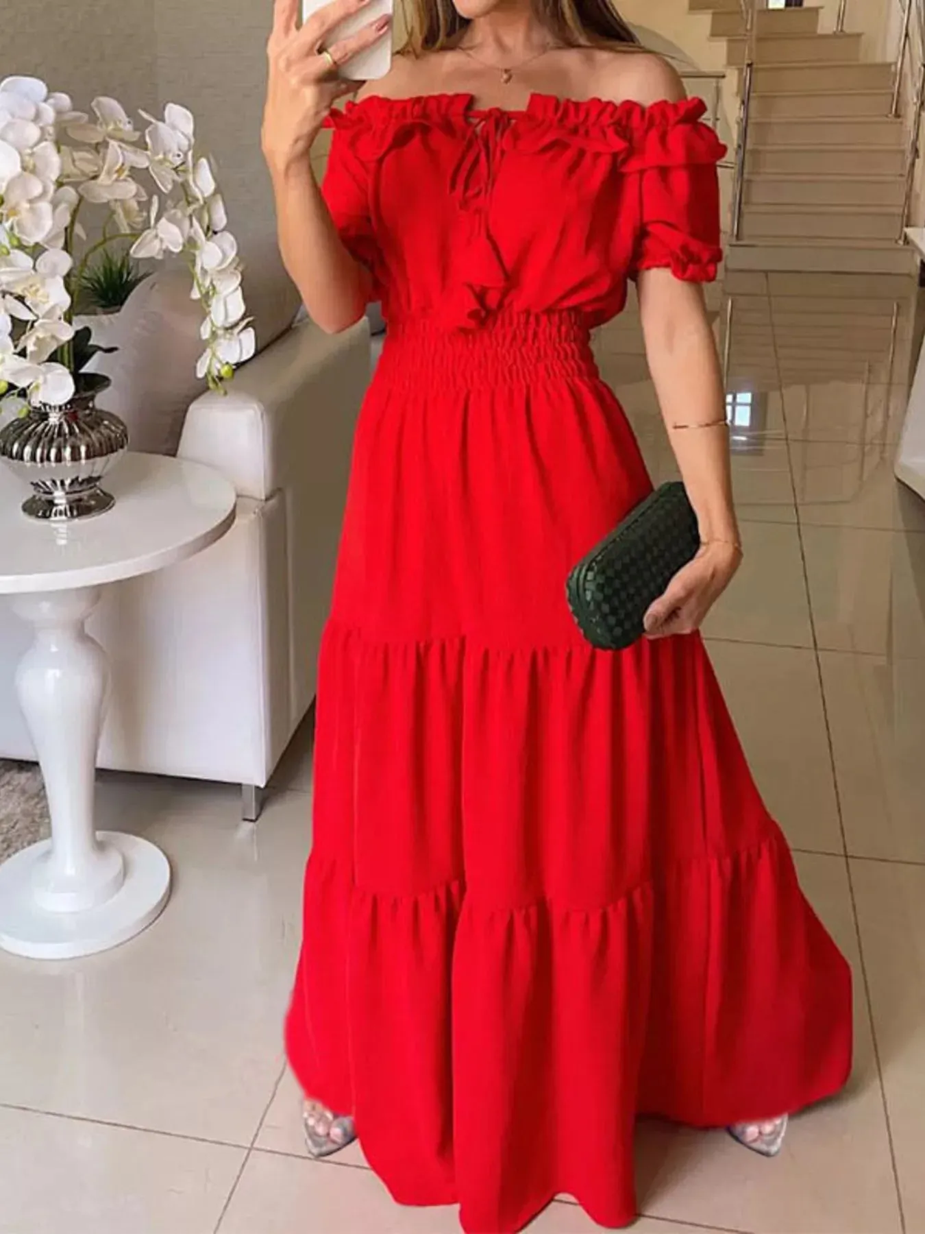 Off-Shoulder Ruffled Tiered Maxi Dress sold by Charming Charlie product image thumbnail 3