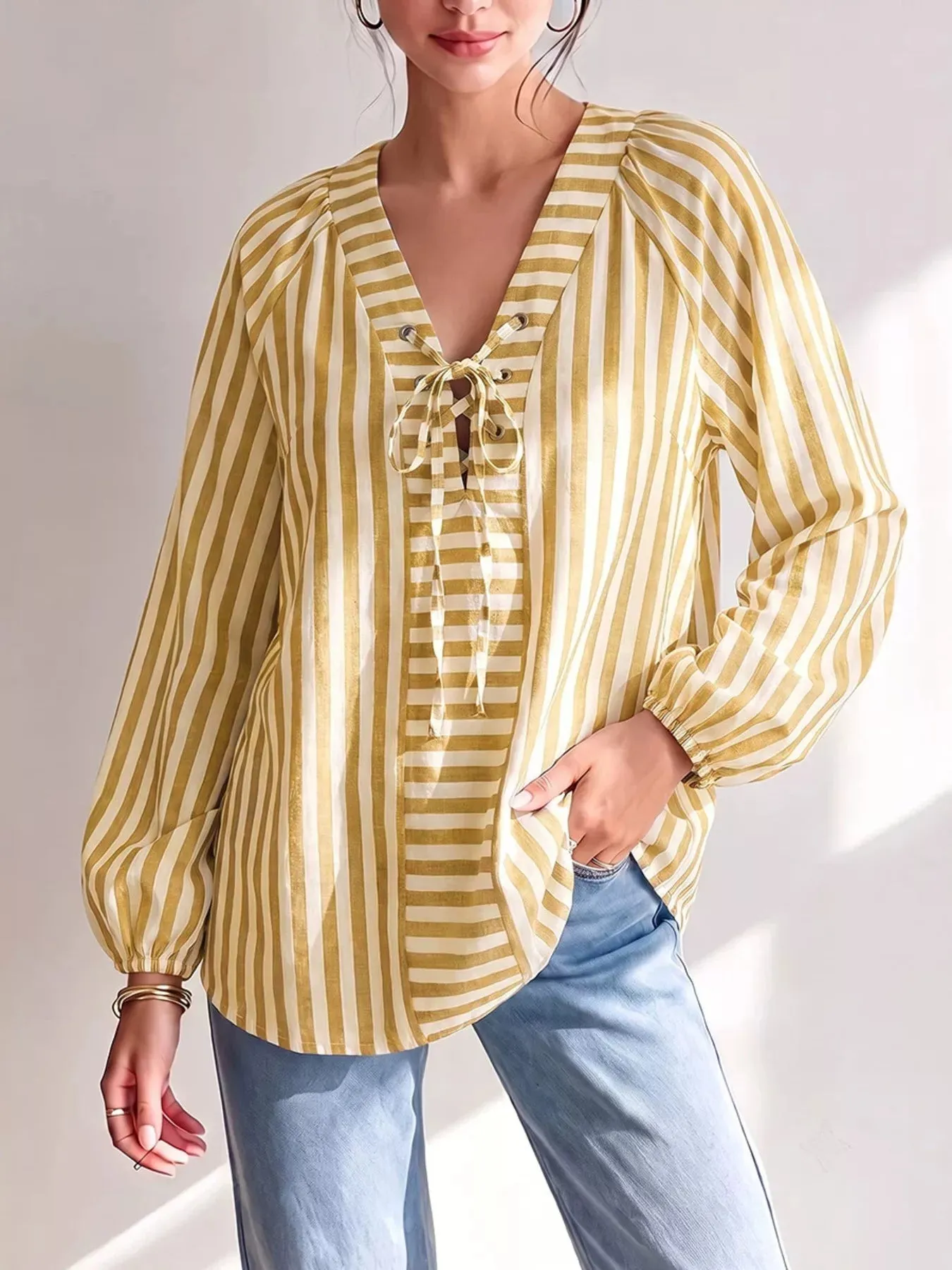 Striped Tie Front Long Sleeve Blouse sold by Charming Charlie product image thumbnail 4