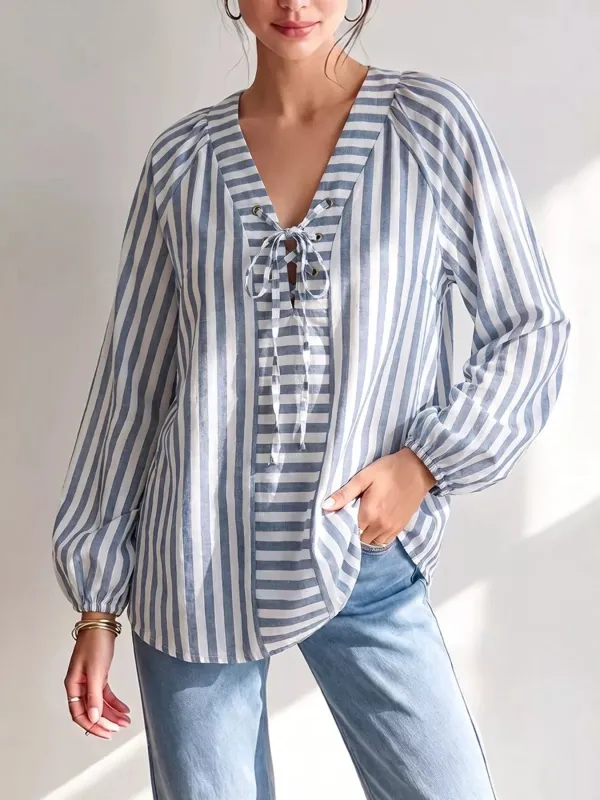 Striped Tie Front Long Sleeve Blouse made by Trendsi