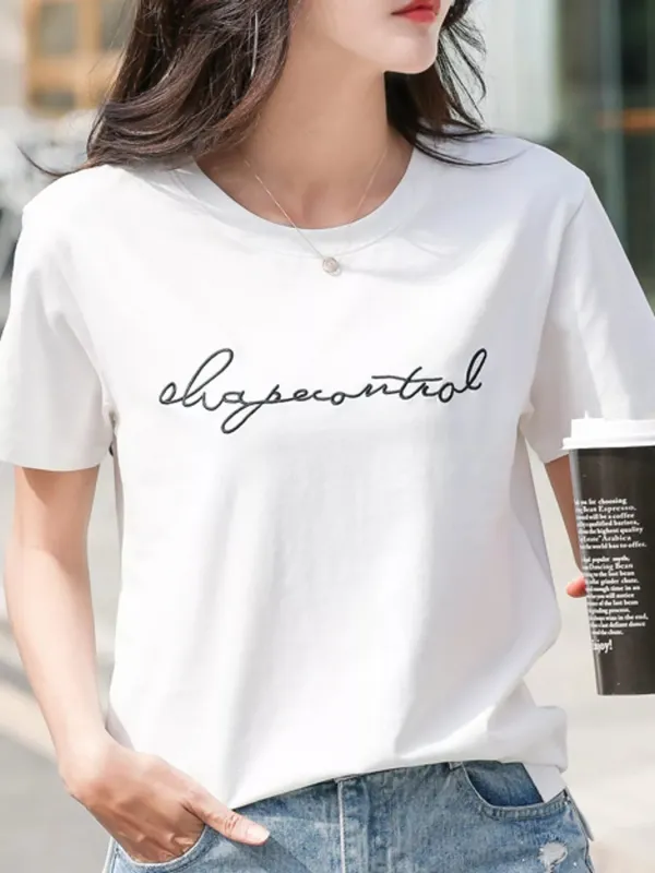Full Size Letter Embroidered Round Neck T-Shirt Plus Size made by Trendsi