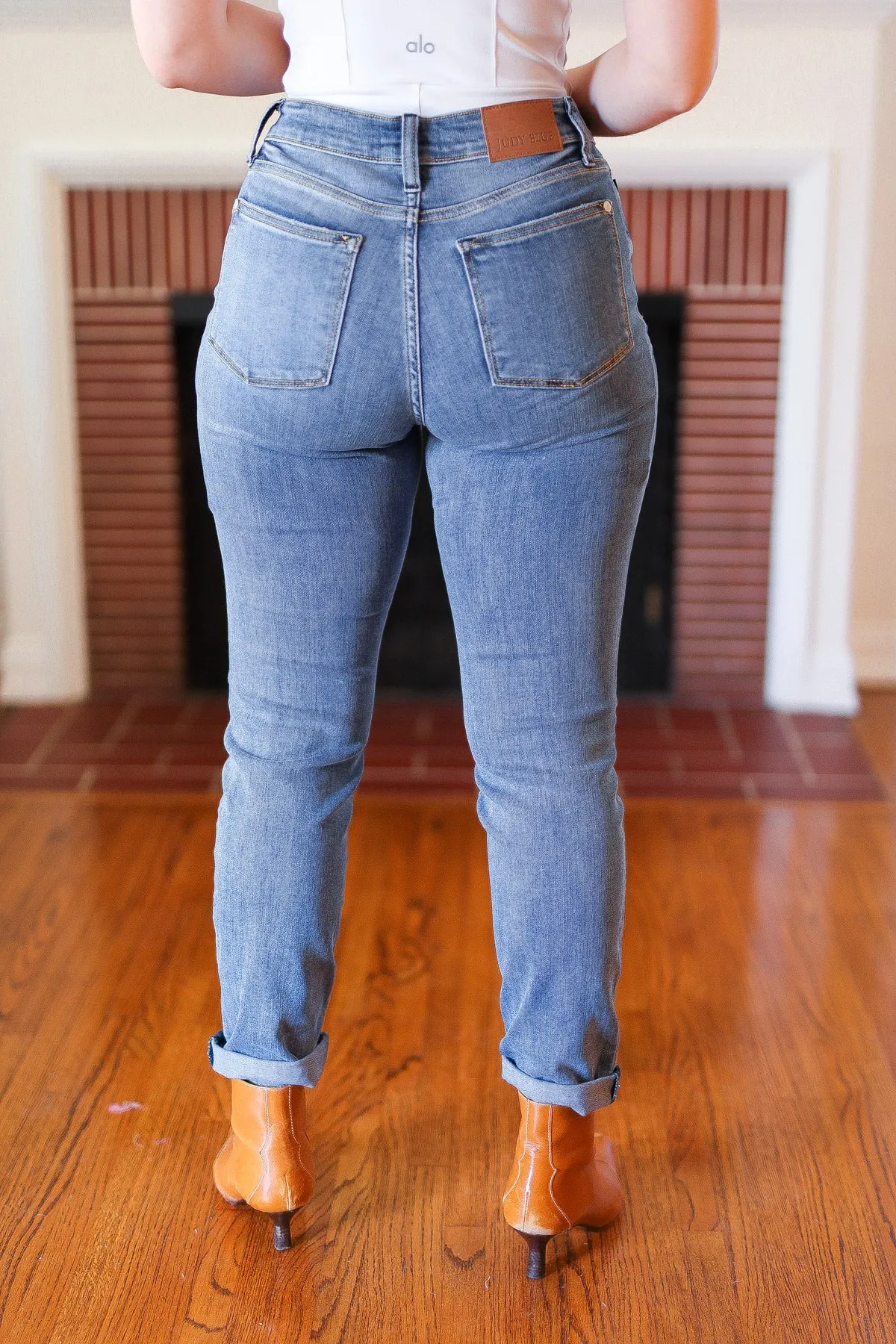 Judy Blue Medium Blue Mid-Rise Slim Fit Cuffed Jeans sold by Charming Charlie product image thumbnail 2