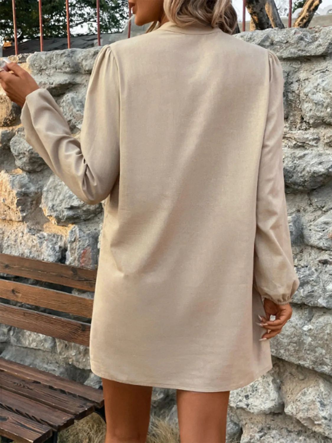 Half Button Mock Neck Long Sleeve Mini Shirt Dress sold by Charming Charlie product image thumbnail 2