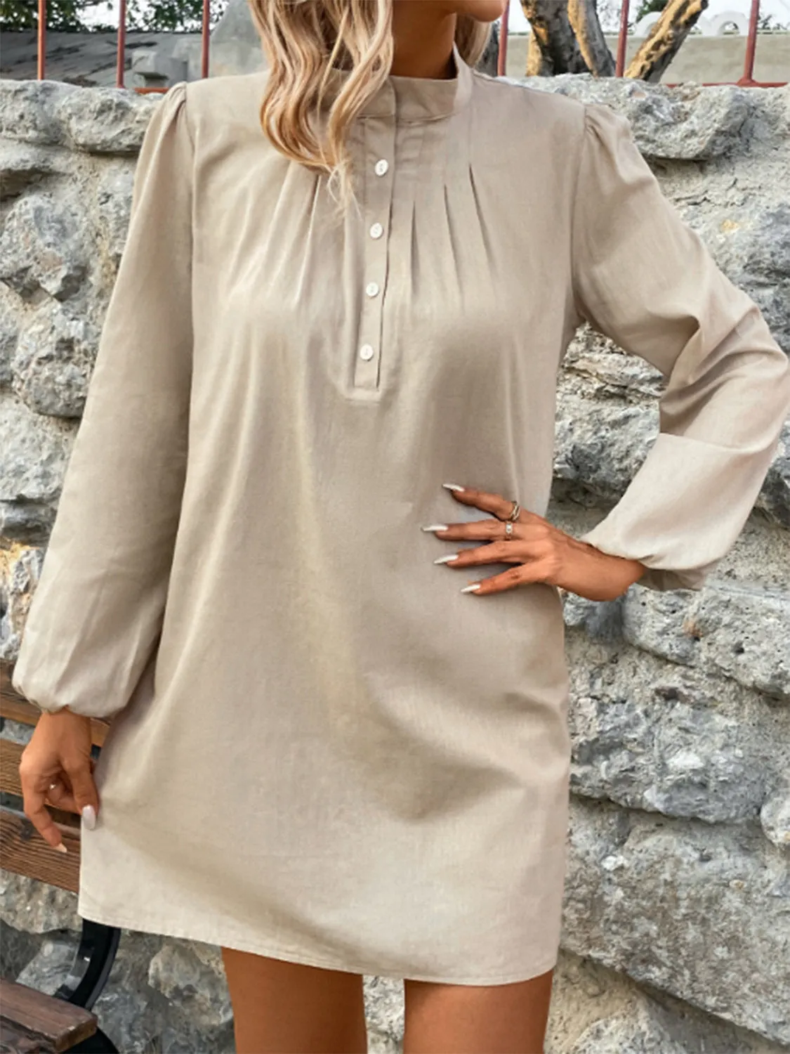 Half Button Mock Neck Long Sleeve Mini Shirt Dress sold by Charming Charlie product image thumbnail 5