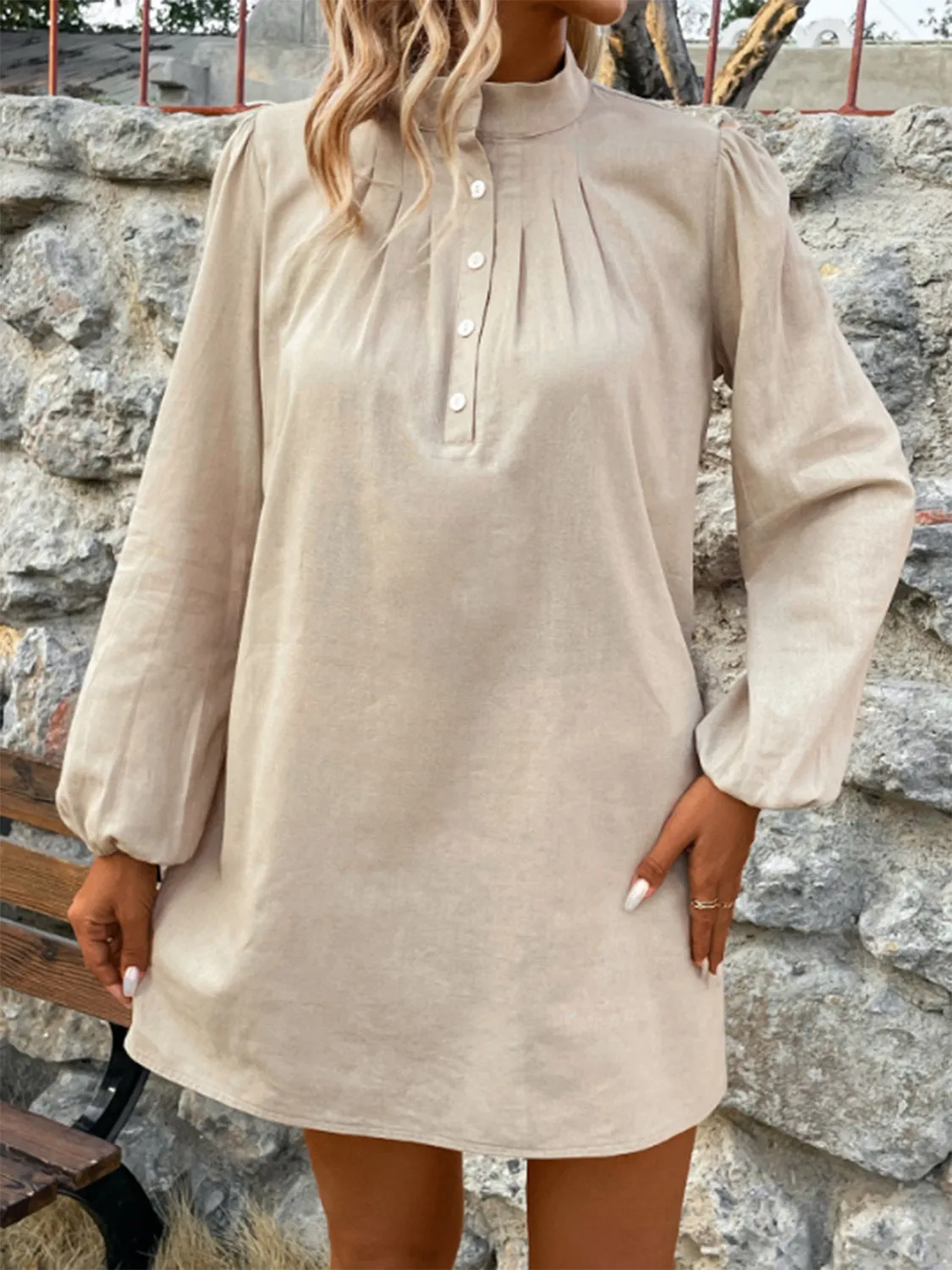 Half Button Mock Neck Long Sleeve Mini Shirt Dress sold by Charming Charlie product image thumbnail 3