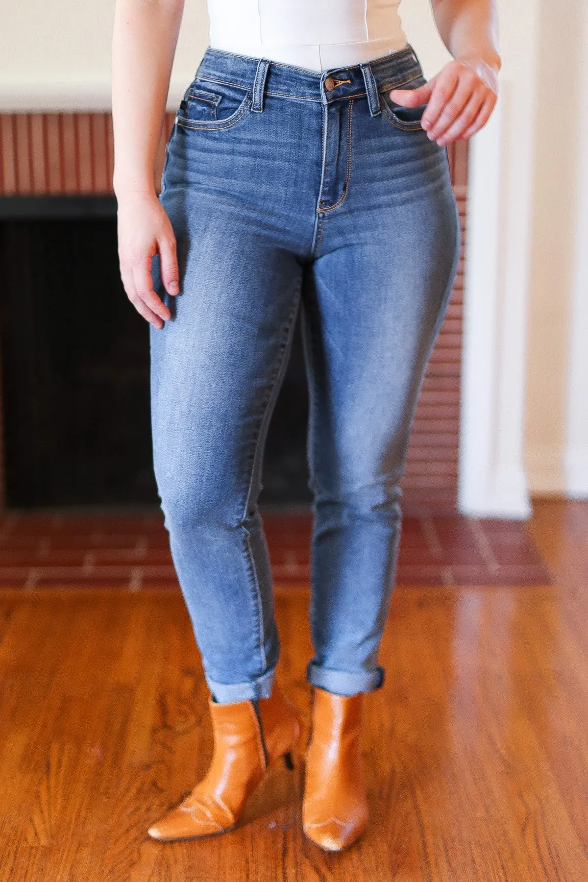 Judy Blue Medium Blue Mid-Rise Slim Fit Cuffed Jeans sold by Charming Charlie product image thumbnail 5