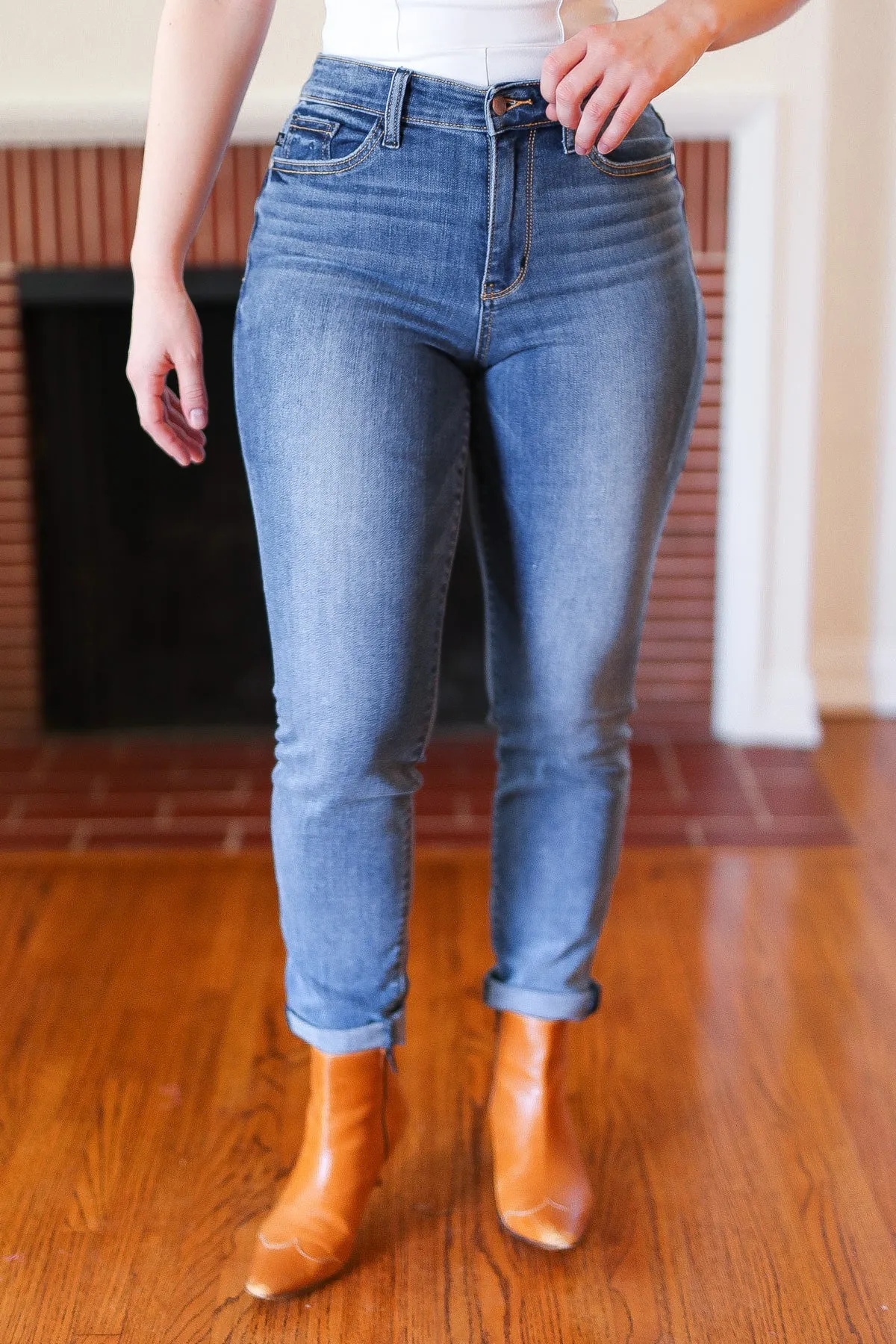Judy Blue Medium Blue Mid-Rise Slim Fit Cuffed Jeans sold by Charming Charlie product image thumbnail 4