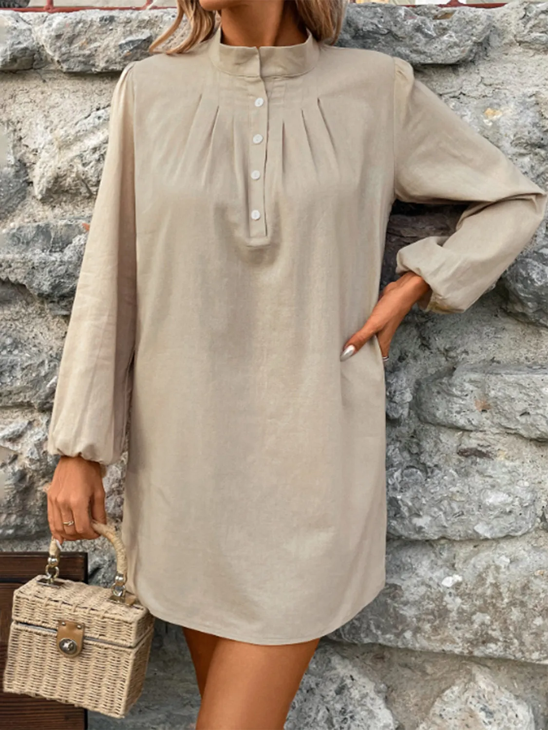 Half Button Mock Neck Long Sleeve Mini Shirt Dress sold by Charming Charlie
