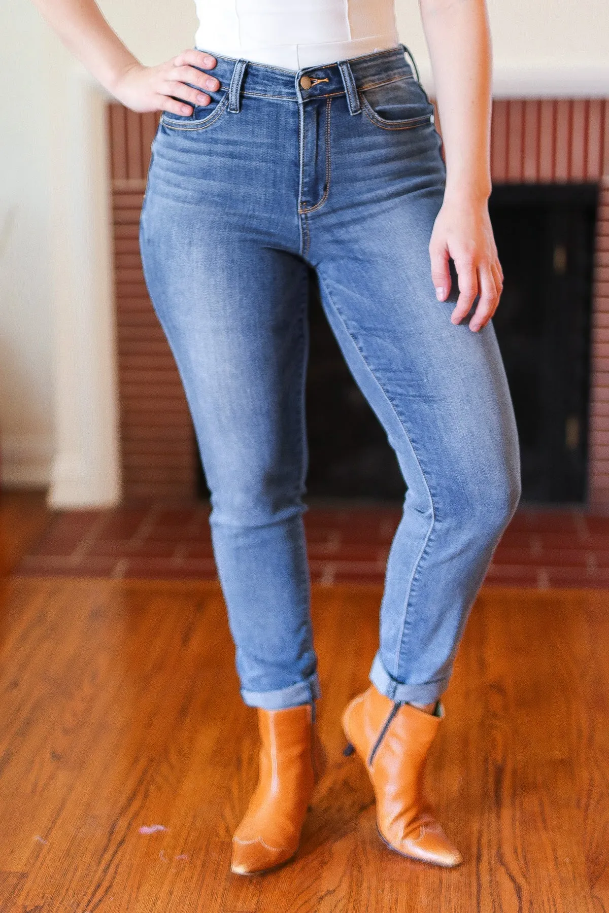 Judy Blue Medium Blue Mid-Rise Slim Fit Cuffed Jeans sold by Charming Charlie