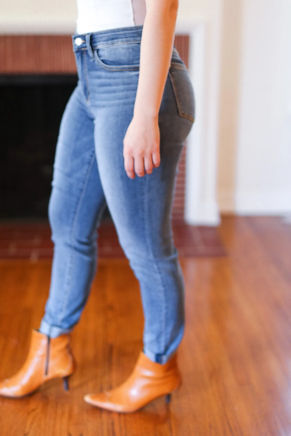 Judy Blue Medium Blue Mid-Rise Slim Fit Cuffed Jeans sold by Charming Charlie product image thumbnail 3