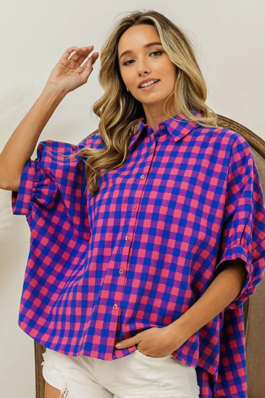 BiBi Plaid Button Up Dolman Sleeve Shirt sold by Charming Charlie
