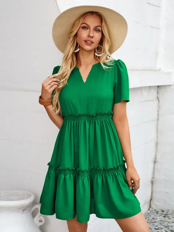 Frill Notched Short Sleeve Mini Dress sold by Charming Charlie