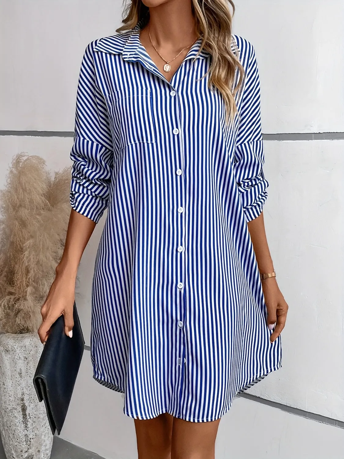 Striped Button Up Long Sleeve Mini Shirt Dress sold by Charming Charlie product image thumbnail 4