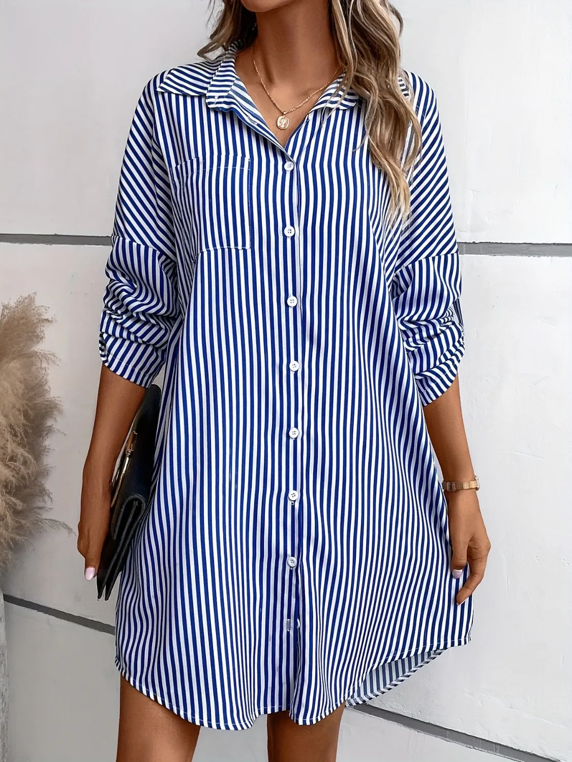Striped Button Up Long Sleeve Mini Shirt Dress sold by Charming Charlie